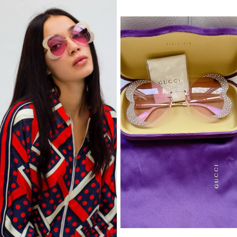 Gucci Womens Cat Eye Hollywood Forever Sunglasses Crystal Heart Logo Pink Gold